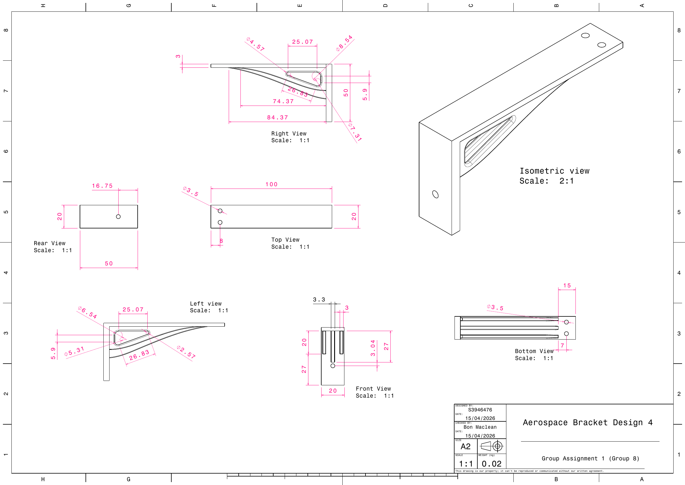 Bracket dimensioned technical drawing